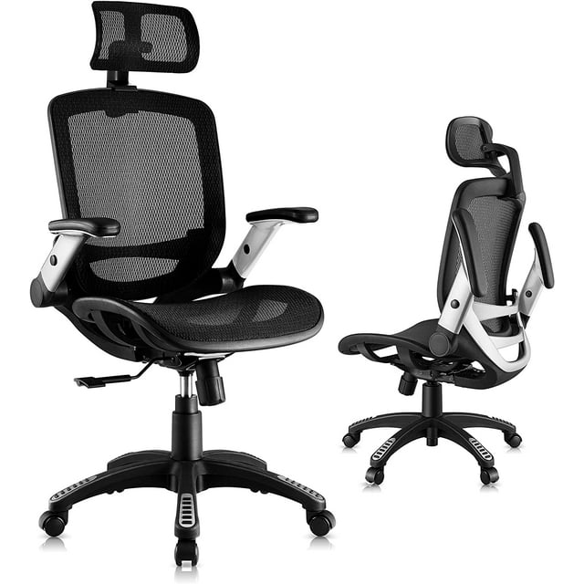 Gabrylly Ergonomic Mesh Office Chair, High Back Desk Chair - Adjustable Headrest with Flip-Up Arms, Tilt Function, Lumbar Support and PU Wheels, Swivel Computer Task Chair