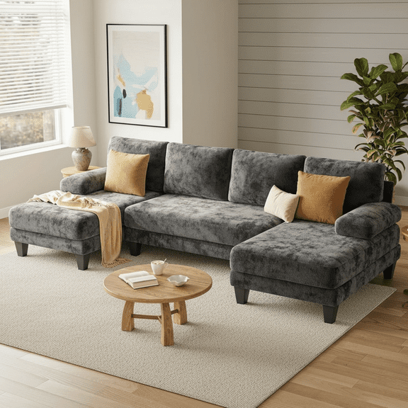 Gacale 112" U-Shaped Chenille Sectional Sofa with Double Chaise Loungers - Sectional Couches Modular Design for Living Rooms and Apartments - Dark Grey