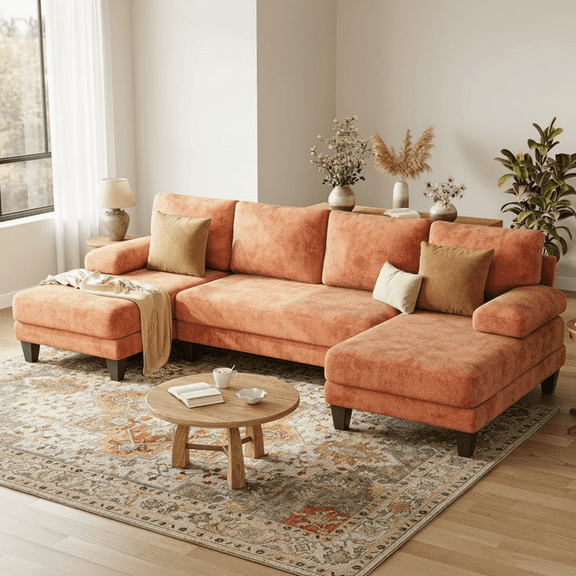 Gacale 112" U-Shaped Chenille Sectional Sofa with Double Chaise Loungers - Sectional Couches Modular Design for Living Rooms and Apartments - Brown