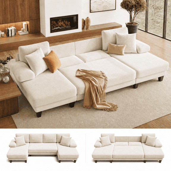 Gacale 112" U-Shaped Sleeper Sofa Bed, Convertible Pull Out Couch Sectional Sofa with Double Chaise for Living Room, Beige