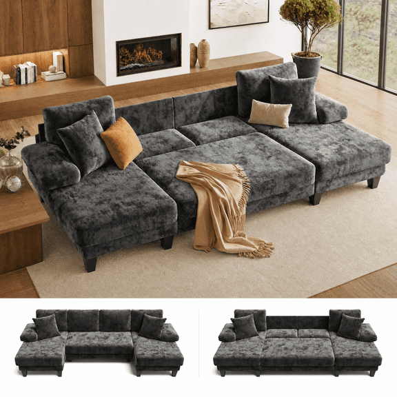 Gacale 112" U-Shaped Sleeper Sofa Bed, Convertible Pull Out Couch Sectional Sofa with Double Chaise for Living Room, Dark Gray