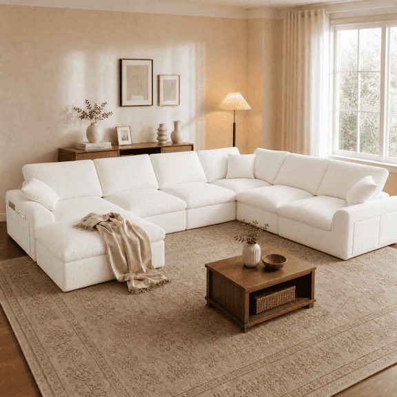 Gacale 153" Cloud Couch Sectional Sofa, U-Shaped Boneless Couches with Ottoman, 7 Seater Convertible Modular Sofa with Adjustable Backrest or Living Room, No Assembly, Beige