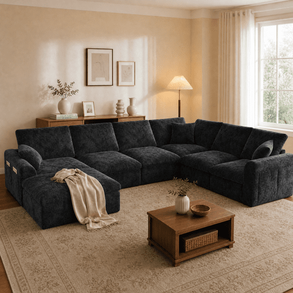 Gacale 153" Cloud Couch Sectional Sofa, U-Shaped Boneless Couches with Ottoman, 7 Seater Convertible Modular Sofa with Adjustable Backrest or Living Room, No Assembly, Black