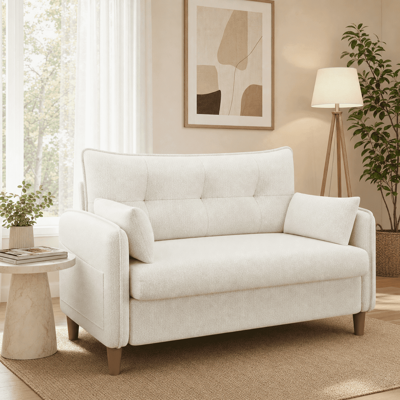 Gacale 50" Loveseat Sofa with Tufted Design, Modern Small Couch for Small Spaces, Compact 2-Seat Fabric Loveseat for Bedroom & Apartment, Beige