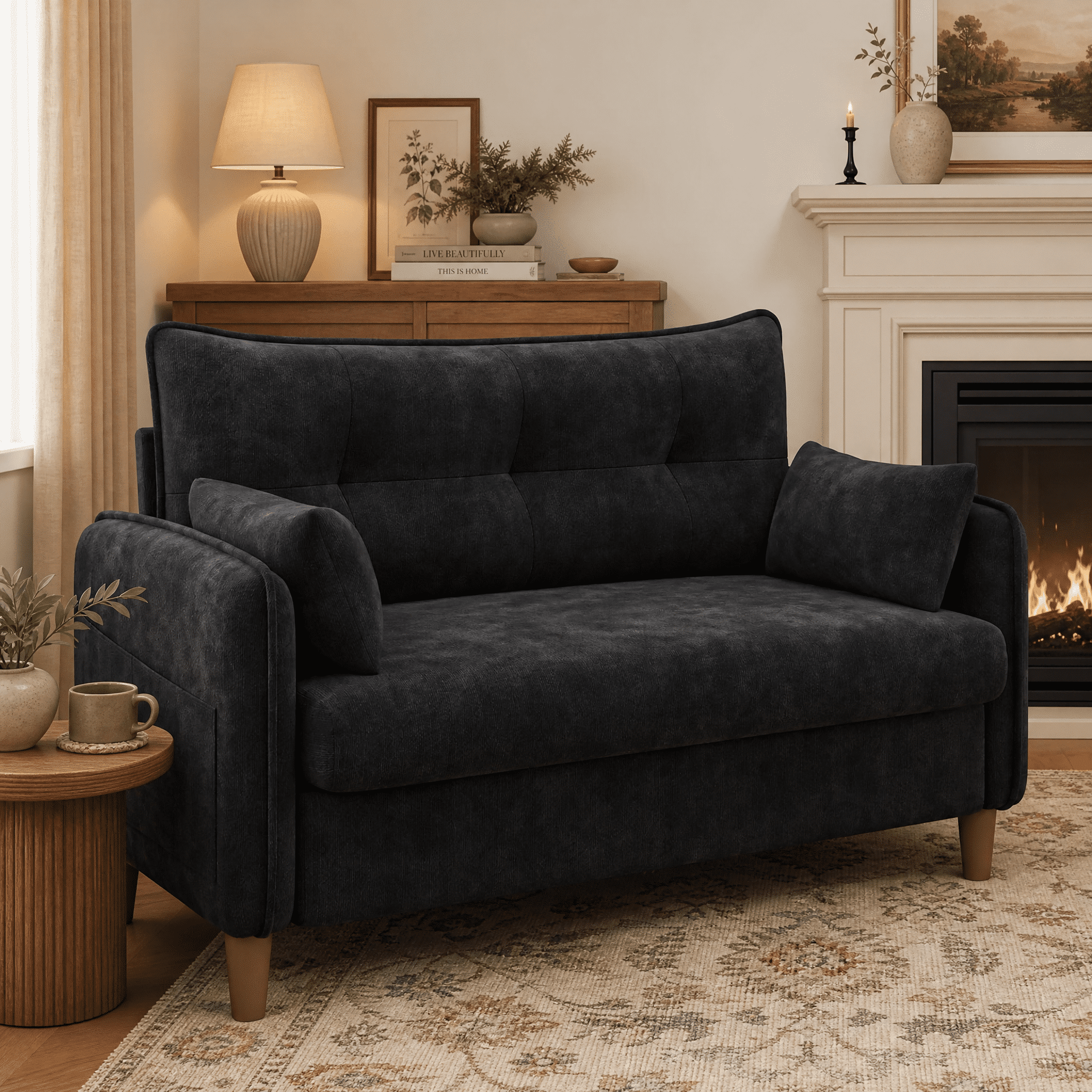 Gacale 50" Loveseat Sofa with Tufted Design, Modern Small Couch for Small Spaces, Compact 2-Seat Fabric Loveseat for Bedroom & Apartment, Black