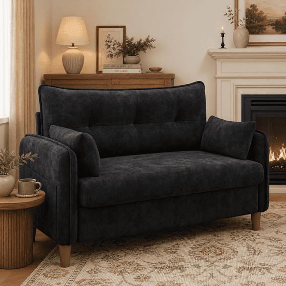 Gacale 50" Loveseat Sofa with Tufted Design, Modern Small Couch for Small Spaces, Compact 2-Seat Fabric Loveseat for Bedroom & Apartment, Black