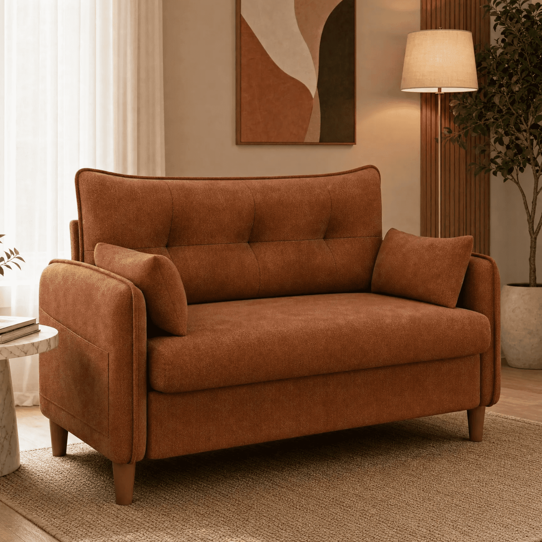 Gacale 50" Loveseat Sofa with Tufted Design, Modern Small Couch for Small Spaces, Compact 2-Seat Fabric Loveseat for Bedroom & Apartment, Brown