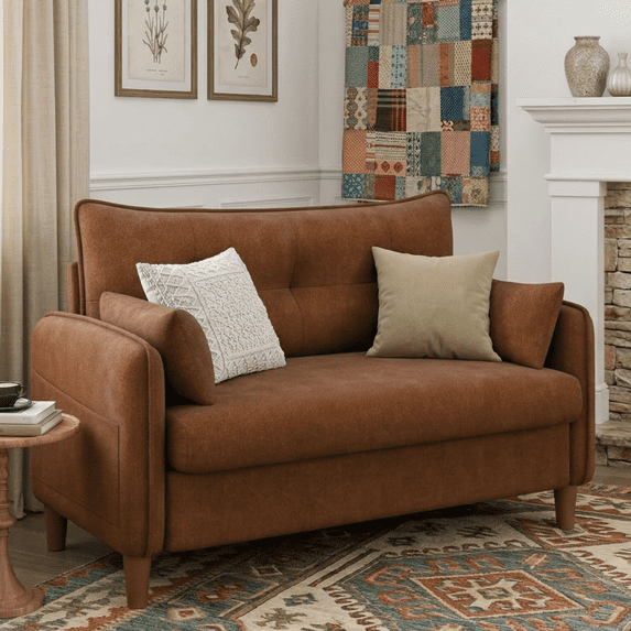 Gacale 50" Loveseat Sofa with Tufted Design, Modern Small Couch for Small Spaces, Compact 2-Seat Fabric Loveseat for Bedroom & Apartment, Brown