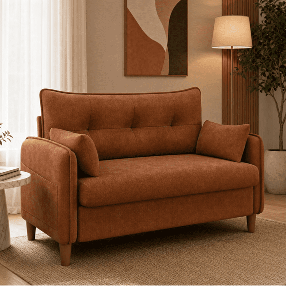 Gacale 50" Loveseat Sofa with Tufted Design, Modern Small Couch for Small Spaces, Compact 2-Seat Fabric Loveseat for Bedroom & Apartment, Brown
