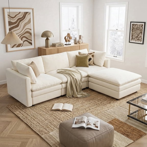 Gacale 97" Cloud Sofa, L-Shaped Sectional Couch with Ottoman, 4-Seat Deep Plush Modular Sofa, Textured Linen Modern Sofa for Living Room, Beige
