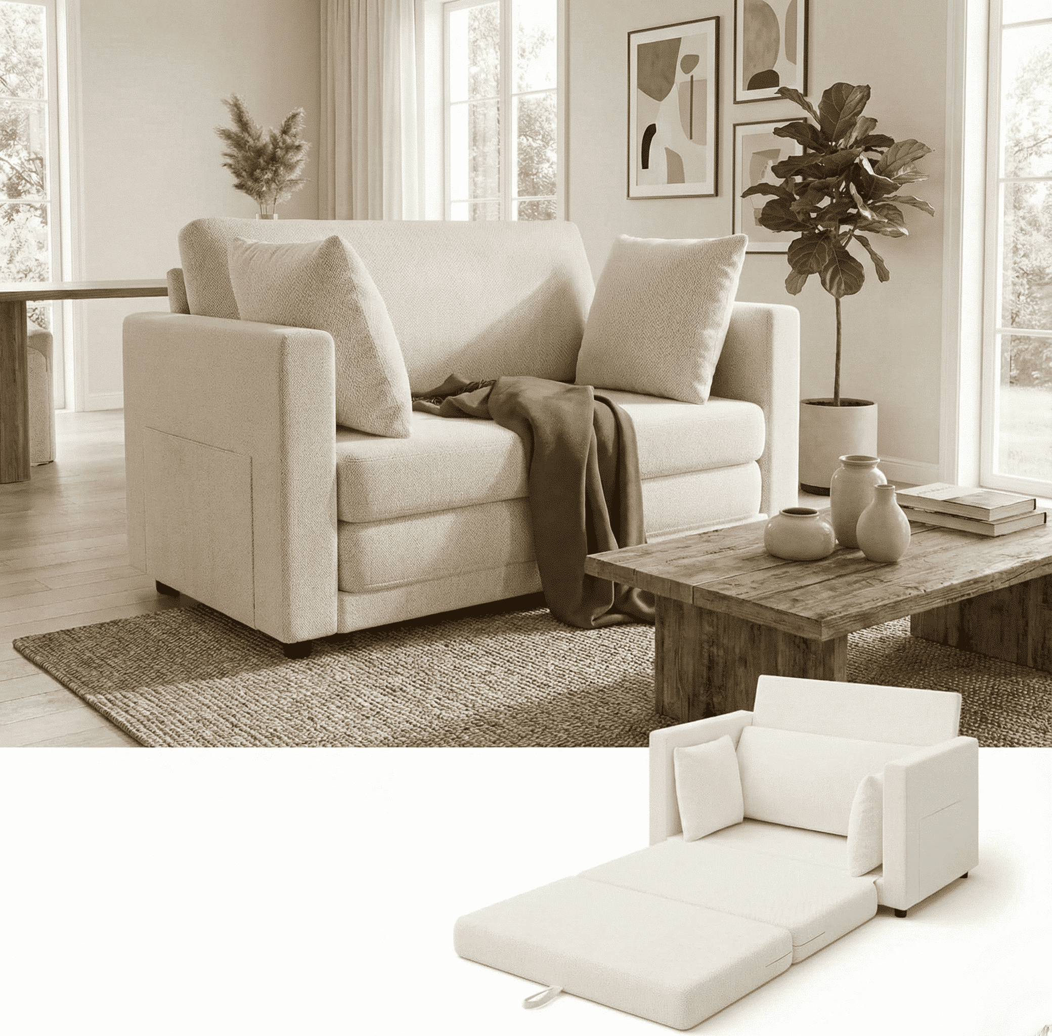 Gacale Sofa Bed, 2-in-1 Pull Out Loveseat Sleeper Sofa, Folding Floor Couch for Guest Room and Bedroom, Beige