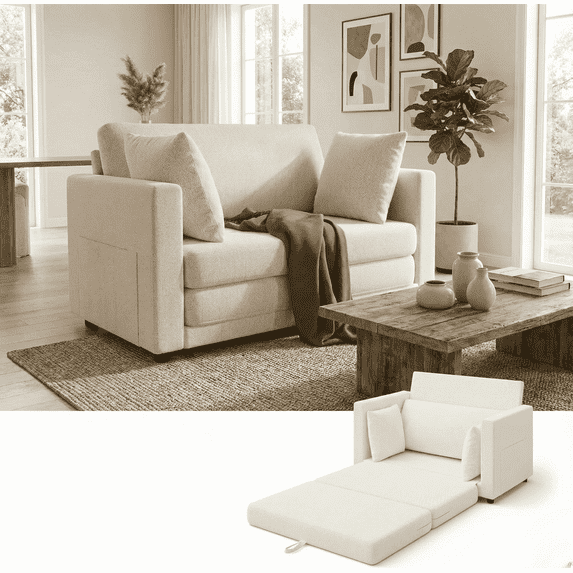 Gacale Sofa Bed, 2-in-1 Pull Out Loveseat Sleeper Sofa, Folding Floor Couch, Beige
