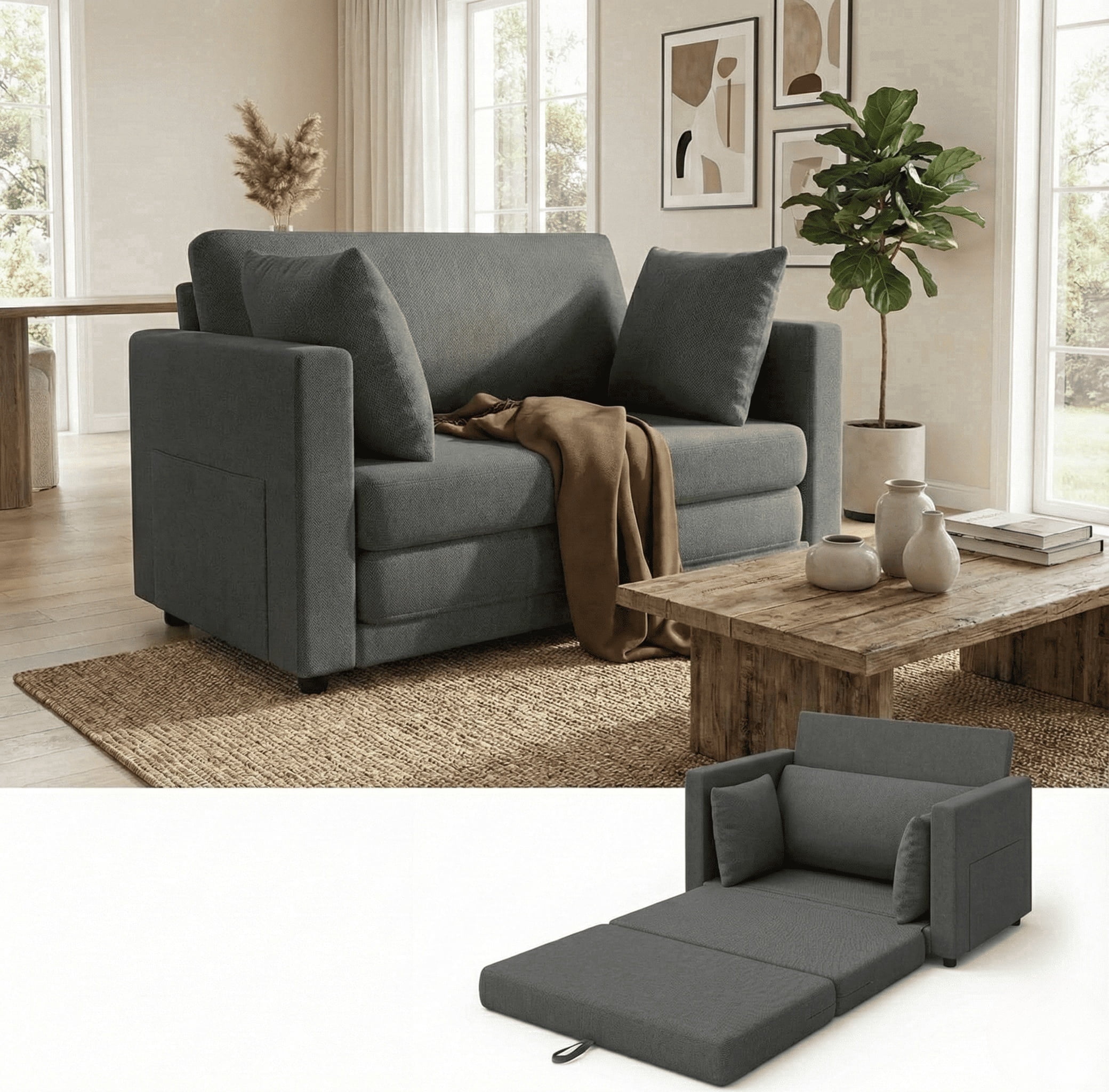 Gacale Sofa Bed, 2-in-1 Pull Out Loveseat Sleeper Sofa, Folding Floor Couch for Guest Room and Bedroom, Dark Gray