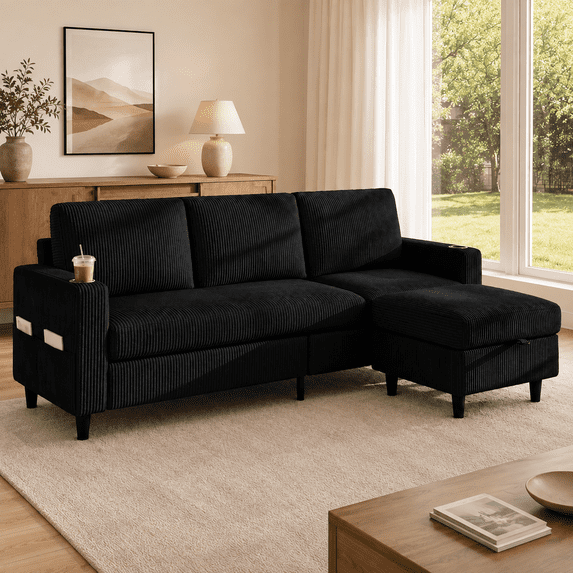 Gacale L-Shaped Sectional Sofa with Storage Ottoman and Side Pockets, Convertible 3-Seater Corduroy Couch for Small Apartments, Living Rooms, and Offices, Black