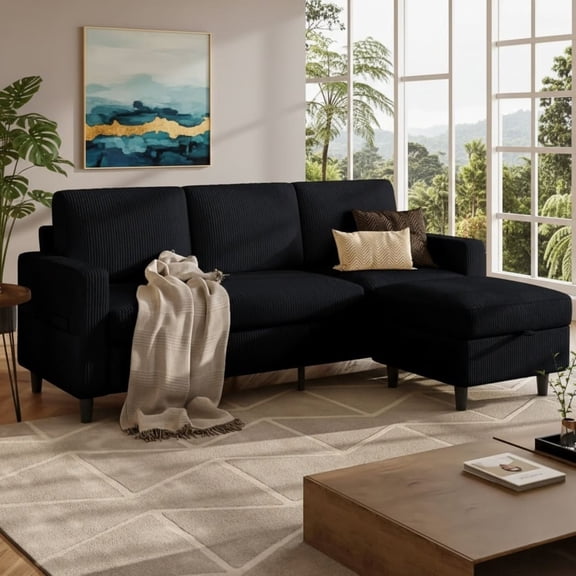 Gacale L-Shaped Sectional Sofa with Storage Ottoman and Side Pockets, Convertible 3-Seater Corduroy Couch for Small Apartments, Living Rooms, and Offices, Black
