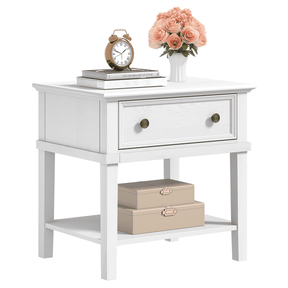 Gacfiew Solid Wood Nightstand with 1 Drawer & 1 Open Shelf, Multi-Use as End/Side Table, Elegant Retro Style, for Bedroom, Reception Room, White
