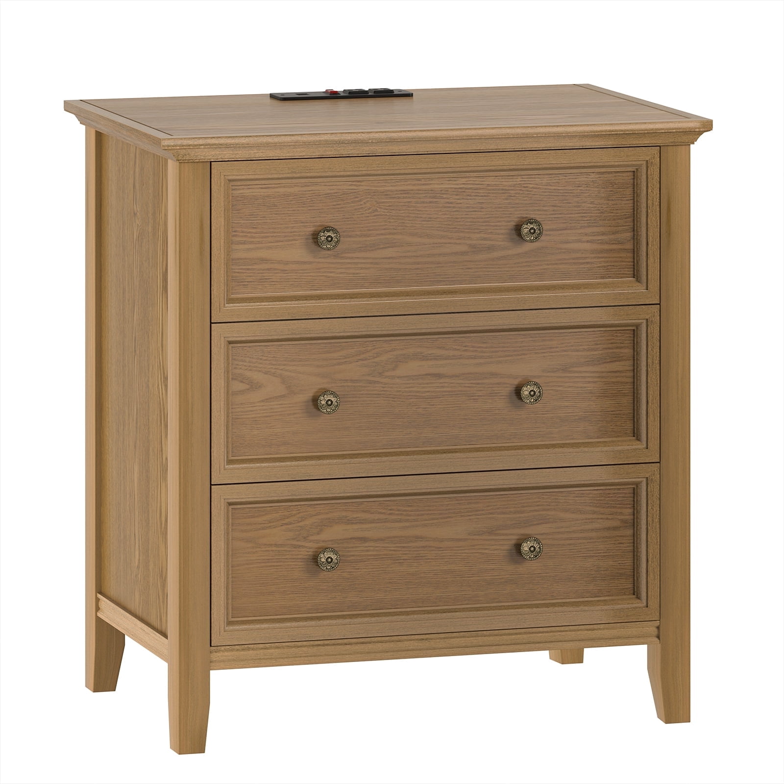 Gacfiew Solid Wood Nightstand with 3 Drawers and Power Outlet, Tall Bedside Cabinet 16.8" D x 27.6" W x 26.8" H, Single Unit for Bedroom, Teak