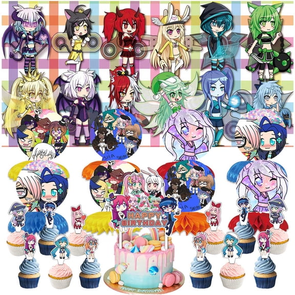Gacha Life Party Decorations Banner Decor Supplies Honeycomb Centerpieces Table Toppers Cake Toppers for Birthday Photo Props