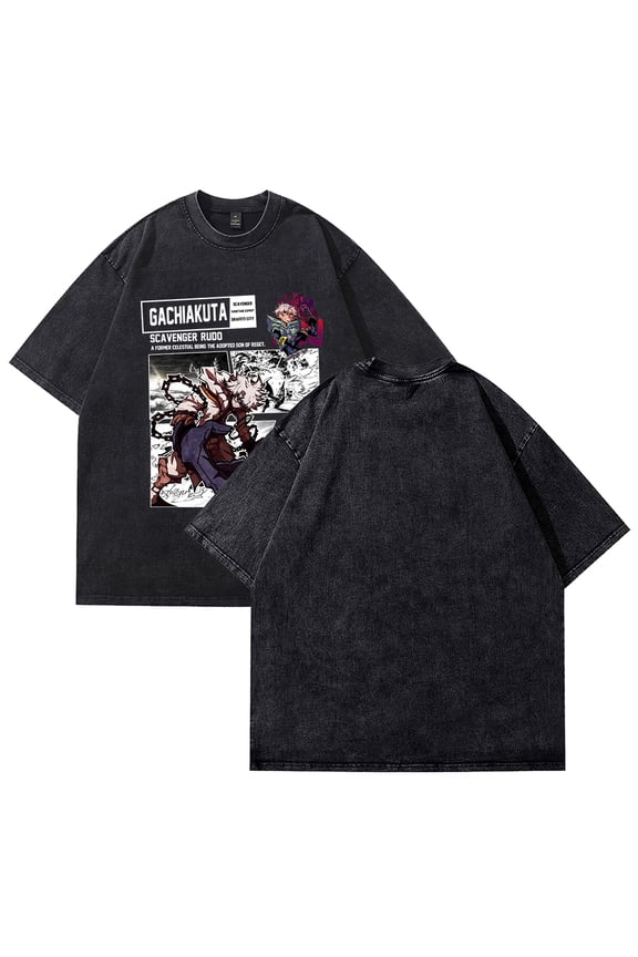 Gachiakuta Anime T-Shirt Retro Washed Design Printed Round Neck Short Sleeve Top