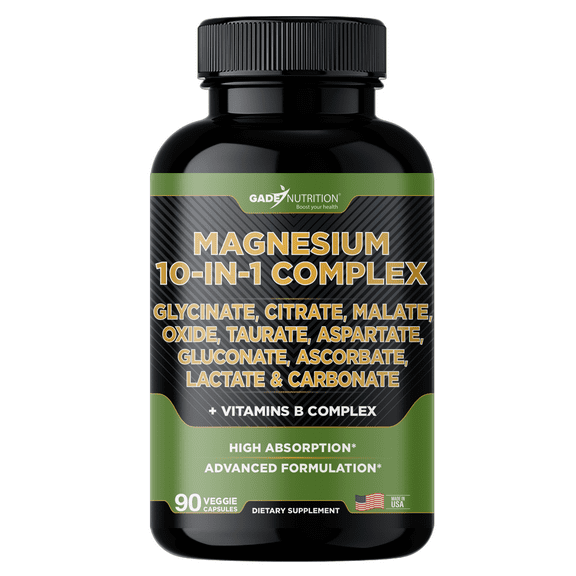 Gade Nutrition Magnesium 10-in-1 Complex with with Magnesium Glycinate, Citrate, Malate, Oxide, Taurate, Aspartate, Gluconate, Ascorbate, Lactate, Carbonate & B Complex Vitamins