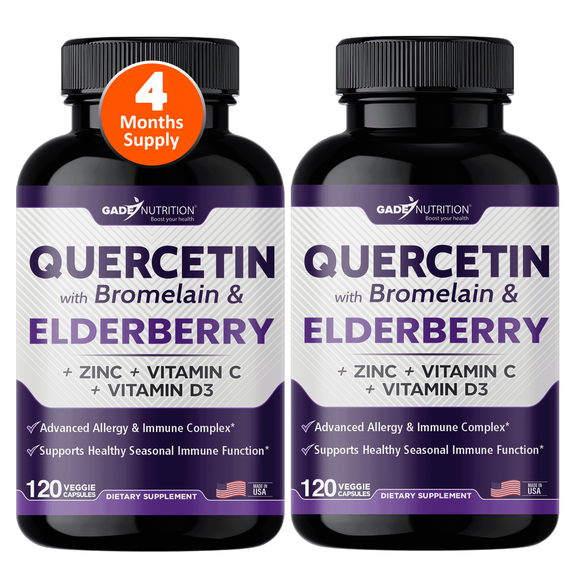 Gade Nutrition Quercetin with Bromelain, Vitamin D, Vitamin C, and Zinc - & Elderberry - Quercetin 500 mg with Bromelain & Ellderberry, Daily Immune Support - 4 Months Supply