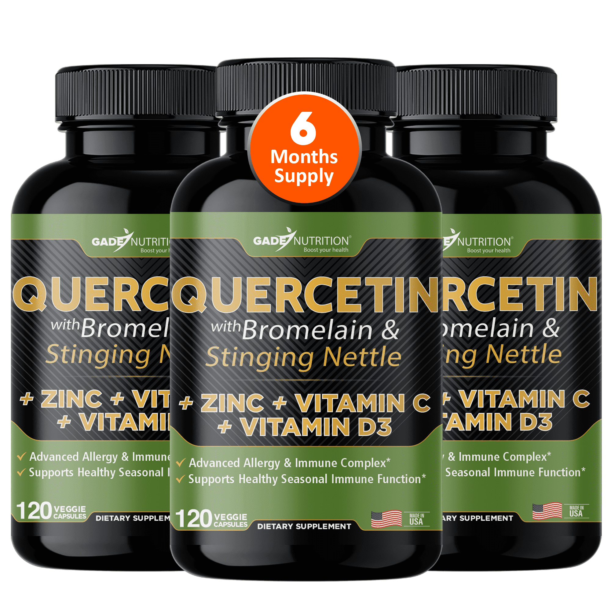Gade Nutrition Quercetin with Bromelain, Vitamin D, Vitamin C, and Zinc - & Stinging Nettle - Quercetin 500 mg (Non-GMO, Gluten-Free, Vegan) - 6 months supply