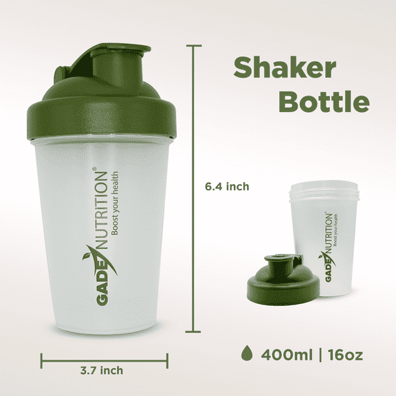 Gade Nutrition Shaker Bottle Blender - 16oz - 400ml | BPA free and phthalate-free | Pre Workout Protein Drink Cocktail Shaker Cup, Leak Proof Lid