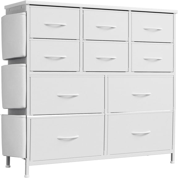 Gaderth 10 Drawers Dresser for Bedroom, Chest of Drawers with Side Pockets and Hooks, Fabric Tall Dresser Storage Tower with Metal Frame and Wood Top for Living Room, Hallway, Closet