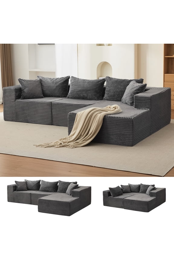 108” Modular Sectional Sofa, Cloud Sectional Couch with L-Shape Chaise,  3-Seat Modular Sofa with Oversized Chaise, Deep Seat Sofa Couch