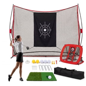Gaderth 10x7ft Golf Net, Durable 5-Layer Golf Practice Net with Chipping Goal, Upgraded Poles, Mat, Balls, Tees & Carry Bag, Golf Hitting Net for Backyard Driving Real Golf Balls