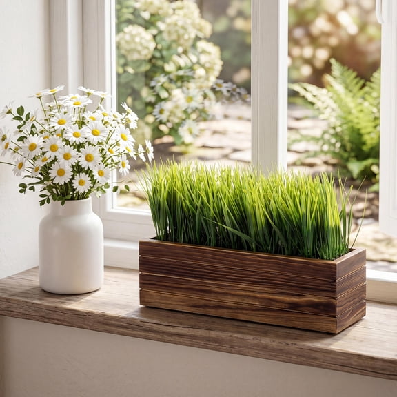 Gaderth 14" Artificial Grass Plant in Wooden Planter, Black Planter Window Box, Rectangular Wooden Planter Potted Herb Plant for Home Decor, Rustic Windowsill Planter Box with Faux Greenery
