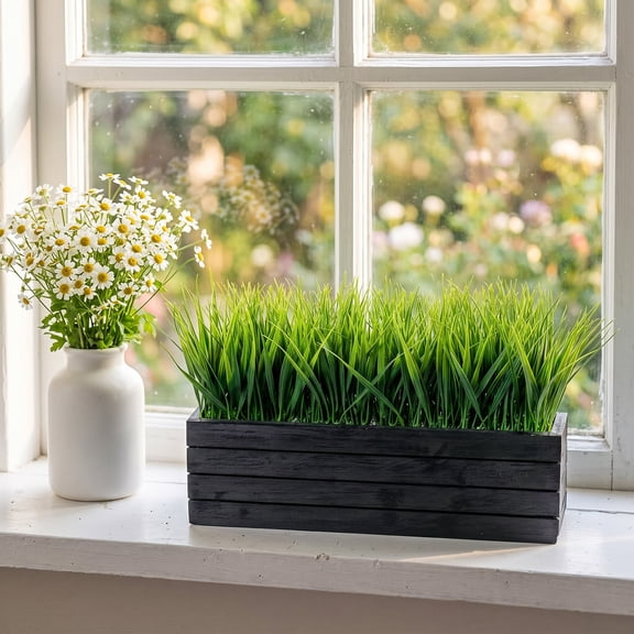 Gaderth 14" Artificial Grass Plant in Wooden Planter, Black Planter Window Box, Rectangular Wooden Planter Potted Herb Plant for Home Decor, Rustic Windowsill Planter Box with Faux Greenery