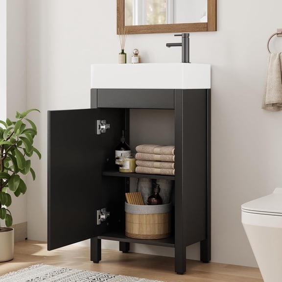 Gaderth 16" Bathroom Vanity With Sink,Freestanding Wood Vanity Cabinet,Bathroom Storage Cabinet With Waterproof And Adjustable Foot & Soft-Door & Drawer & Metal Handle For Small Space