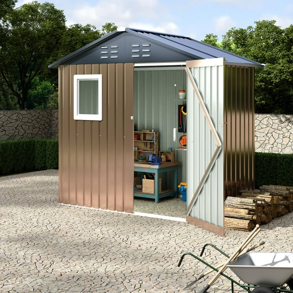Gaderth 2 Trash Cans Metal Outdoor Storage, 6x4 FT Metal Storage Shed with Window, Garbage Bin Storage Shed with Chain Lid, Garbage Can Metal Sheds for Garden, Backyard, Lawn and Patio
