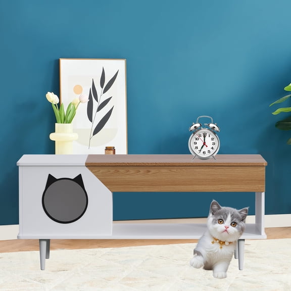 Gaderth 2-in-1 Multi-Functional Storage Center Table, 45 Inch Farmhouse Coffee Table with Cat House & Hidden Litter Box Enclosure, Cocktail Table, Rustic Cat Bed Cave Furniture Condo