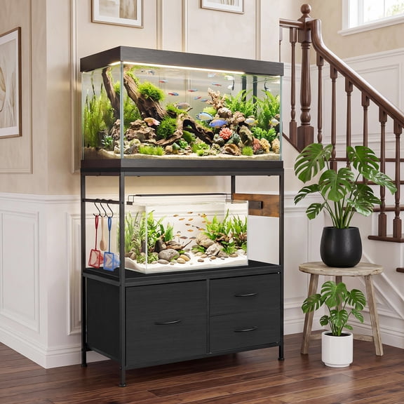 Gaderth 20-29 Gallon Fish Tank Stand, Metal Double Aquarium Stand with Cabinet, Heavy Duty Reptile Terrarium Stand, Fish Tank Shelf, Aquarium Stand with Cabinet Accessories Storage