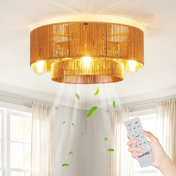 Gaderth 20'' Caged Ceiling Fan with Light, Flush Handwoven Hemp Rope Boho Ceiling Fan with Remote, Handwoven Hemp Rope Shade, 6-Speed Reversible Quiet Motor