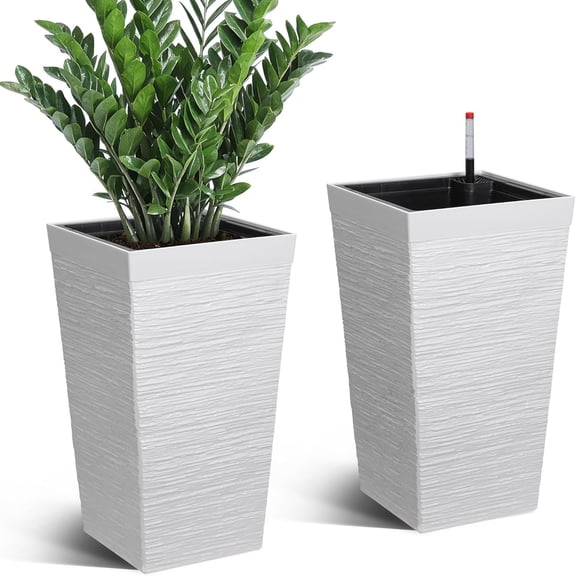 Gaderth 22.5" Tall Planter Set of 2, Outdoor Planter, Large White Planters for Indoor & Outdoor, Planter Flower Tree Plant Pots, Self Watering planters with Water Level Monitor & Removable Tray
