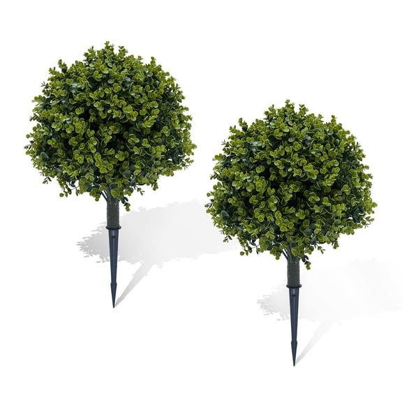 Gaderth 2FT Artificial Eucalyptus Topiary Trees, Fake Boxwood Balls Greenery with Ground Spikes for Planting, Lifelike Evergreen Shrubs for Front Porch, Indoor Outdoor Home Decor (2-Pack)