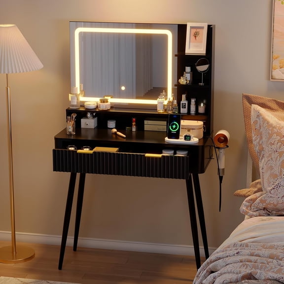 Gaderth 31.5" Makeup Vanity Desk with LED Lighted Mirror, Dressing Table Featuring 2 Drawers, Dressing Table with 3 Color Lighting Modes & Built-in Power Outlet for Storage and Organization