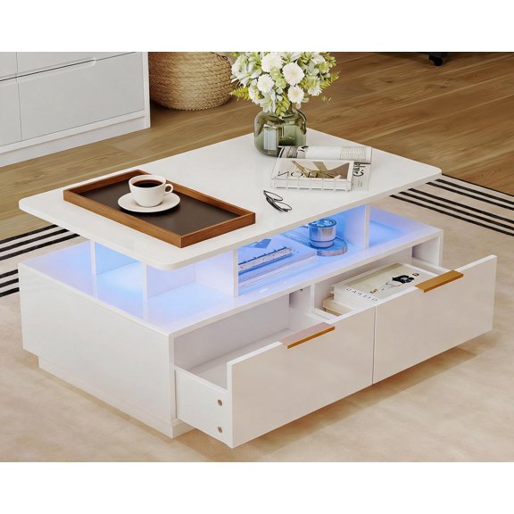 Gaderth 35.43"" Modern Coffee Table,Modern Coffee Table With Storage,White 2 Drawers High Gloss Coffee Table With Rgb Led Lights Center Tables For Living Room"