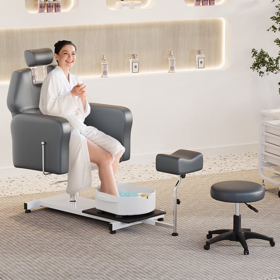 Gaderth 360° Swivel Hydraulic Pedicure Chair, Adjustable Pedicure Unit Station, Reclining Backrest, Adjustable Footrest, Massage Foot Basin, Portable No-Plumbing Pedicure Station with Rolling Stool