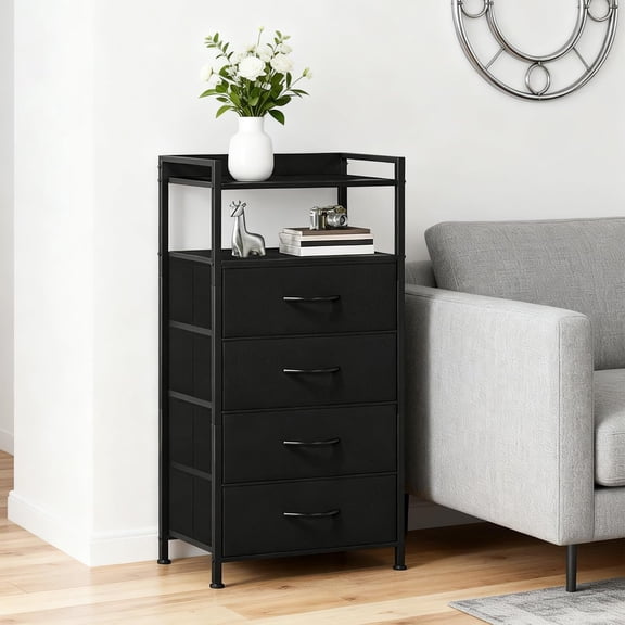 Gaderth 4 Drawer Bedroom Storage Chest, Bedside Table, Durable Steel Frame, Adjustable Feet, Open Storage Shelf, Fabric Drawers, Multi-Purpose Chest for Bedroom, Entryway, Closet