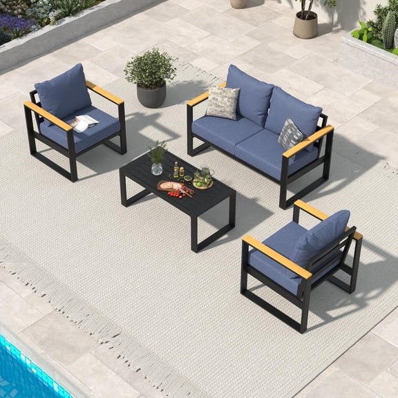 Gaderth 4 Piece Aluminum Outdoor Patio Furniture Set, Outdoor Conversation Set with Washable Thick Cushions, All-Weather Patio Conversation Set for Backyard, Garden, Poolside