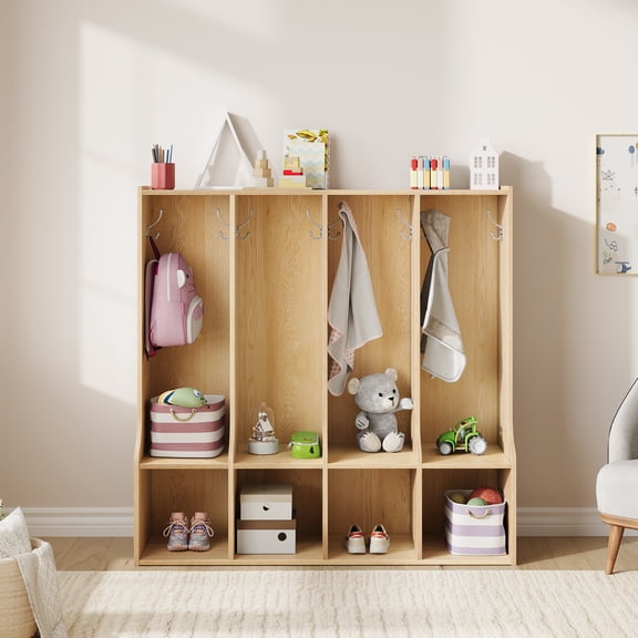 Gaderth 4-Section Classroom Coat Locker with 4 Cubbies & 8 Hooks, Daycare and Home Storage Organizer for Coats, Backpacks, Toys, School Entryway (36.3"W x 35.7"H)