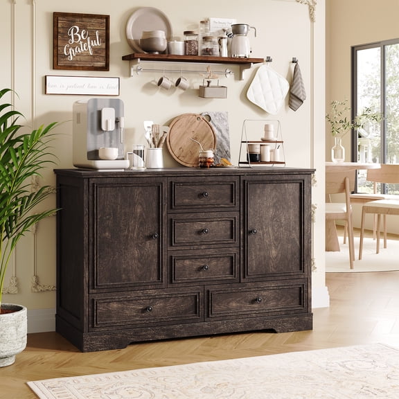 Gaderth 47" Buffet Cabinet with 5 Drawers, Farmhouse Coffee Bar Cabinet, Sideboard Buffet Storage Cabinet with Adjustable Shelves and Doors, Buffet Table for Dining Room, Kitchen
