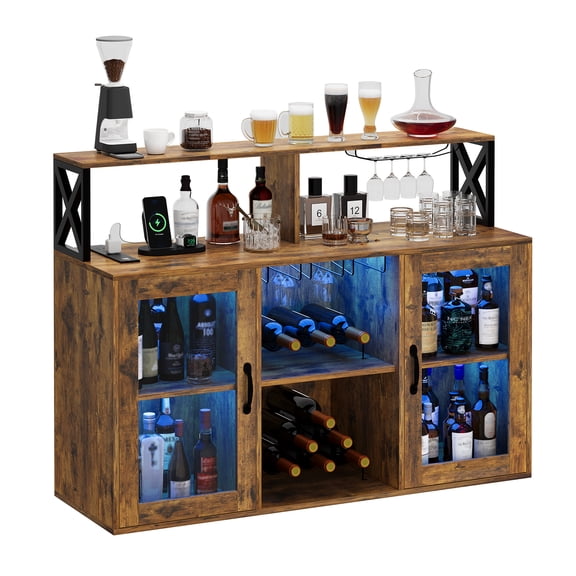 Gaderth 47 Inch Freestanding LED Bar Cabinet with Power Outlets & Wine Rack, Farmhouse Display Storage, Multi-Functional Home Bar with Adjustable RGB Lighting