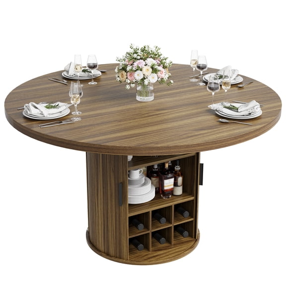 Gaderth 47 Inch Round Dining Table with Storage, Circle Kitchen Table for 4-6, Kitchen Tables with Wood Slide Door and 3-Layer Storage Shelf for Home Dining Room Living Room