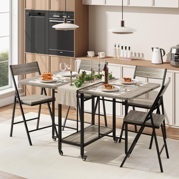 Gaderth 47" Large Wooden Folding Dining Table Set with 4 Foldable Chairs, 5 PCS Farmhouse Dining Table Set for 4, Drop Leaf Foldable Kitchen Table on Wheels for Kitchen or Dining Room