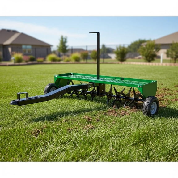 Gaderth 48-Inch Tow Behind Plug Aerator, Pull Behind Aerator with Durable Steel Tines Lawn & Tray and Pneumatic Tires Tow Behind Spike Aerator for Lawn, Farm, Planting